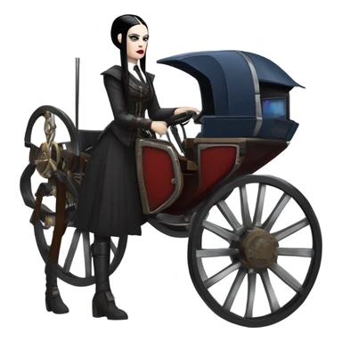 Wednesday Addams Jedi bounty hunter driving a modern blue,red and pewter steampunk electric luxury carriage  sticker