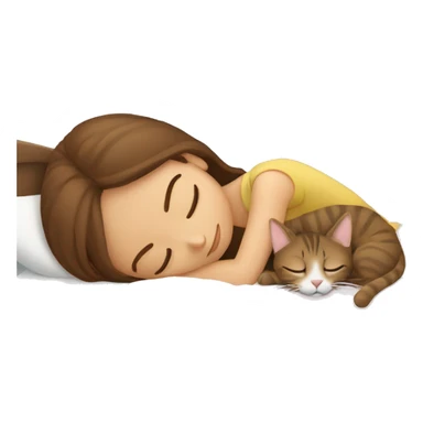 brown haired girl sleeping with tabby brown cat in bed sticker