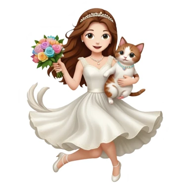 White woman - long hair - white wedding dress - holding a kitten - happy - jumping - fashionable - elegant - bouquet - dreamy - colorful - pearl accessories sticker