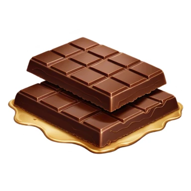 Cinematic silky dark chocolate bar, broken into perfect squares, rich cocoa tones, slightly melting edges, fine texture and decadent shine, warm golden highlights, tempting and rich. sticker
