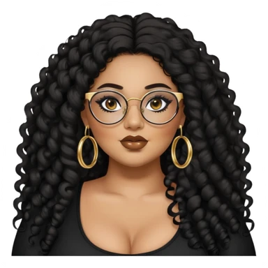 big plus size, latina, darker tan skin, gold hoops, long black curly hair, baddie,pretty, makeup, lipgloss, black eyeliner, long hair, black top, black glasses sticker