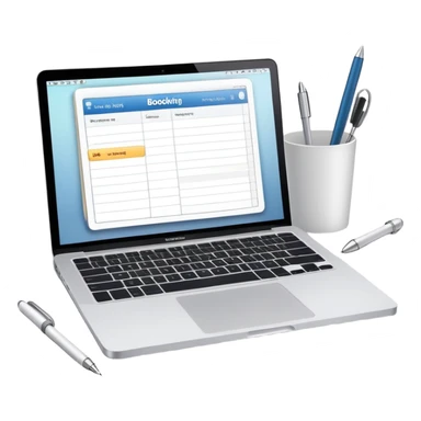 online booking system on MacBook screen next to old-style paper notebook with pen sticker