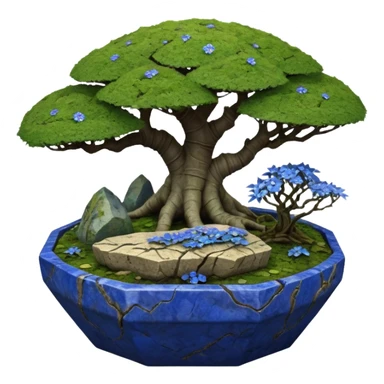 Alien saucer jungle-vines mountain-island landscape antique mudman very old broken cracked intricate Stone Age lapis-crusted irregular dodecagon-shaped shallow dark moss rough bark blue serissa flowered maple tree bonsai pot sticker