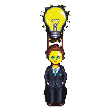 businessman with a lightbulb over his head, pixel art style sticker