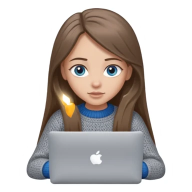 moji of a cute 3D girl with long straight brown hair and big blue eyes, wearing a grey knitted sweater. She is typing on a silver MacBook laptop, white background. sticker