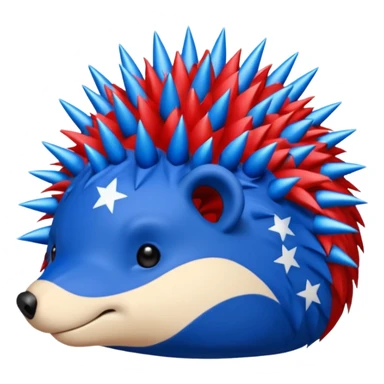 Red and blue Porcupine facing right. Bottom layer red: covers feet, round face with no facial features and 2 spikes. blue upper layer 6 spikes, 3 white 5 pointed stars in the middle of the blue. sticker