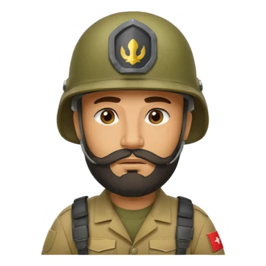 tired Iraqi military, in a helmet, with a beard sticker