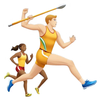 An icon featuring a collage of track and field equipment: a javelin, shot put, discus, high jump bar, and running shoes. The background shows a lively stadium with cheering fans, bright lights, and a clear sky, symbolizing the diversity of athletics. Transparent background emphasizes the sport. sticker