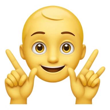 A 2D cartoon-style yellow emoji with a mischievous smile, shaped eyes, and both hands pointing upward with index fingers.  clean digital style, and a fun, dancing expression. Style similar to children’s drawing tutorials, dancing expression. No background, isolated on white.  sticker