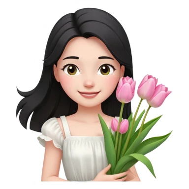  A girl Squint your eyes and smile with a black half-up half-down hairstyle, and a white dress, enjoying the spring breeze.Holding a bundle of pink tulips sticker