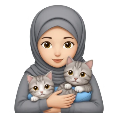 Middle Eastern hijabi girl with arched brows holding a grey tabby British shorthair, mum and kitten cat sticker