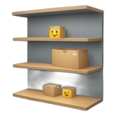 a shelf with a box sticker