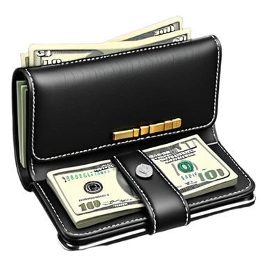 Rich emoji style black leather wallet with dollar bills, luxury money vibe, premium 3D emoji, ultra clean, high detail, no background sticker