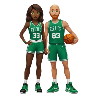 48-year-old dark skin black woman with brown eyes, long dark brown hair dressed in sexy 
celtics jersey costume outfit & stilettos. A bald white man with ginger beard. he has blue/green  eyes, wearing a Jason Tatum Boston Celtics Jersey, matching Nike sneakers  sticker