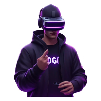 Russian man wearing a black hoodie with "OMG" letters on it and VR headset in a cyberpunk VR environment with violet neon lighting. sticker