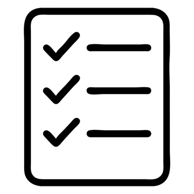 minimalistic bold white line icon in Netflix UI style, rectangle with three checkmarks and horizontal lines, clean geometric lines, perfectly readable at small sizes sticker