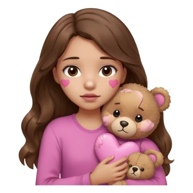 girl with long wavy brown hair, brown eyes, light to medium complexion, in a pink shirt, pink lips, long lashes, sad, hugging squeezing a teddy bear with bandaid hearts sticker