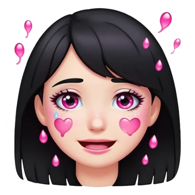 black hair girl crying with pink glitter tears, smiling, emoji style sticker