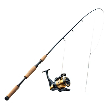 Cinematic Realistic Fishing Rod, sleek graphite rod with a smooth, polished reel, thin line disappearing into a shimmering lake, warm golden sunlight reflecting off the water, glowing with a tranquil and adventurous aura. sticker