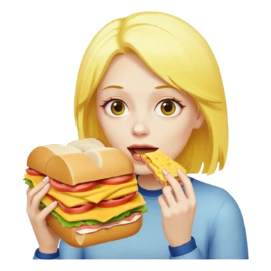 A woman with yellow hair and yellow skin eating a HUGE sandwich sticker