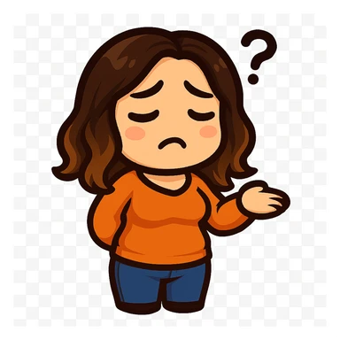 Sticker style chibi emote, matching the attached green heart emote as a base, but with a slightly skinnier body and a bigger chest. Woman from reference, orange sweater and blue jeans, confused with a question mark, cute puzzled face, no headband, no wand, no green heart, transparent background. Top color should not match jeans. sticker