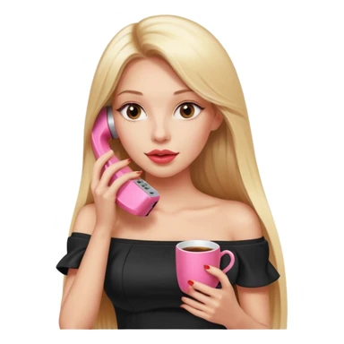 exaggerated features of woman with straight long blond hair, gossiping on a pink analogue phone, holding a tea cup, wearing an off-shoulder black top, red face sticker