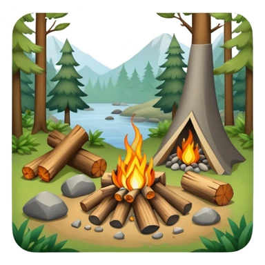 bushcraft campfire with stones, logs for sitting, in forest setting sticker