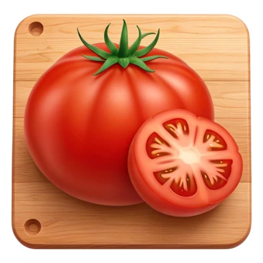 Cinematic juicy ripe tomatoe, deep red, slightly dewy, arranged on a wooden cutting board, soft glowing background, rich and flavorful. sticker