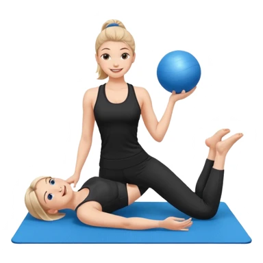 generate a pretty woman in black gym clothes doing pilates on a blue mat with a small blue ball sticker