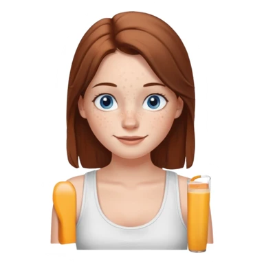 Una chica de tez blanca con pecas, nariz respingada, labios gruesos, ojos grandes color azul grisáceo, pelo largo, lacio, color castaño. Con una blusa de tirantes blanca. Que este sonriendo y q solo se vea de la cintura hacía arriba sticker