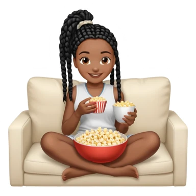 A dark-brown-skinned Black woman with black box braids, holding a large bowl of popcorn in her lap, smiling , wearing comfy loungewear sitting on couch sticker