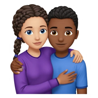 Boyfriend who is middle Easterntan olive skinned with blue eyes and wavy straight brown hair in a blue shirt and his African girlfriend who is very black skinned, juicy lipped with black braided hair and the two are hugging and smiling hugely she’s wearing purple and she has black eyes sticker