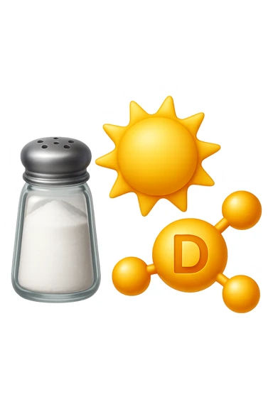 emoji stile iphone di una boccetta di sale, un sole, una particella chimica di VITAMINA D, IPERREALISTICO 4K sticker