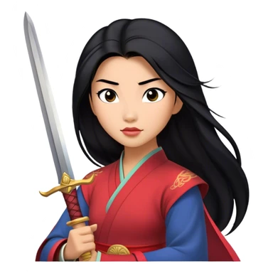 Cinematic Realistic Mulan Portrait, depicted with lifelike skin texture, soft natural lighting, and intricately detailed long black hair styled elegantly. Her deep, expressive eyes exude determination and grace, complemented by a serene yet confident expression. She stands with one hand resting on the hilt of her sword, the other by her side, exuding strength and poise. She is dressed in her classic attire, with rich fabric textures and delicate folds that catch the light beautifully. The portrait features a soft, enchanting glow with a natural, radiant finish, capturing the essence of timeless strength and beauty in a realistic and painterly style, evoking a sense of depth and authenticity. sticker