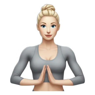 Pale skinned fit woman In a gray tight yoga suit and wristbands With ash blonde hair in a bun doing yoga with Blue eyes sticker