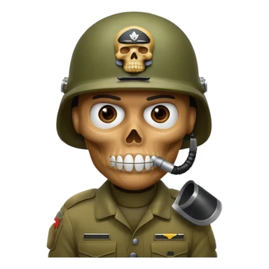 A bold emoji-style skull wearing a realistic army helmet,shushing . Clean vector style, high contrast, centered composition, modern emoji aesthetic, slightly dramatic lighting, detailed helmet texture, confident and intense expression, 3D glossy finish, high resolution. sticker