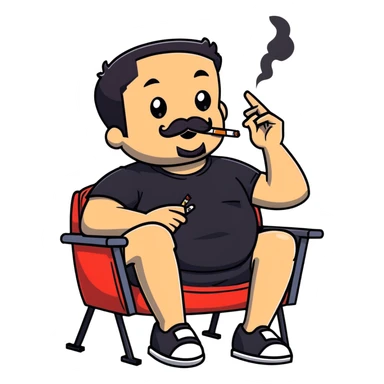 Heavy-set man leaning back in chair with legs spread, smoking cigarette, exposed belly, round face, short black hair, well-groomed beard with mustache, black t-shirt with light stripes on top portion, sleeves rolled up, black shorts, arms decorated with black graphic tattoo patterns on forearms and shoulders sticker
