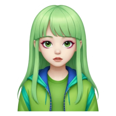  portrait-of-a-green alien-k-pop-idol,-wearing-a-stylish-streetwear-outfit-with-layered-colorful-clothing,-long-hair-with-bangs,-makeup,- sticker