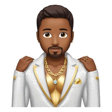 Teddy Riley with dark brown hair, white sequin jacket, shirtless with necklace  sticker