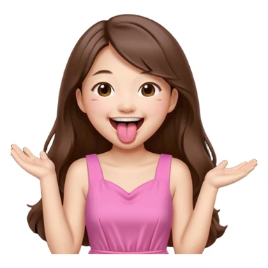 asian girl with long brown hair and fair skin wearing pink dress laughing while sticking tongue out sticker