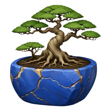 Aged bonsai two toned lapis blue terracotta Roots Stoneware akadama moss on soil irregular angular Stone Age rocks cracked crags and broken rough edges forming a very short shallow forest pot sticker