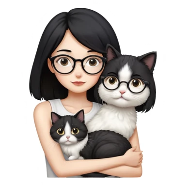 Skinny woman with oval glasses, shoulder length straight black hair, wearing white sleeveless top, hugging a Persian-Angora cat that's gray and white like Oreo cookies, plain background sticker
