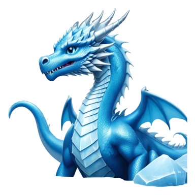 Cinematic Noble wise elegant Ice Dragon full body  Emoji, Poised and imposing, distinct long elegant snout, with a slender, scaled body shimmering in glacial hues of icy blue, frostbitten silver, and crystalline white, breathing out frost, with piercing, glowing ice blue white eyes that radiate the chilling depths of an arctic storm; rendered in detail. excuding wisdom sticker