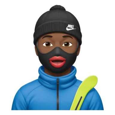 black guy with nike ski mask on squinching his face with his lips puckered trying to hold his laugh with his eyes closed sticker