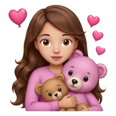 girl with long wavy brown hair, brown eyes, light to medium complexion, in a pink shirt, pink lips, long lashes, hugging squeezing  a teddy bear with hearts sticker