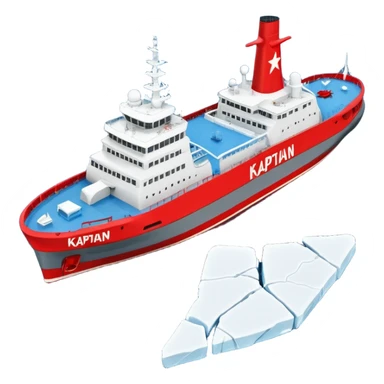 Realistic 3D icon of icebreaker "Kapitan Krutov" (grey hull, red star, white superstructure, "РОСМОРПОРТ" lettering). Soft winter lighting, 3/4 aerial view. Fractured blue ice, white background. High detail, photorealistic GSON style. sticker