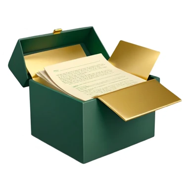 3D minimal open box with papers and documents floating out, matte finish, deep green (#0B3D2C) box, cream (#F5F5DC) papers, gold (#C9B037) subtle glow, Apple style, clean and premium, soft shadow, transparent background sticker