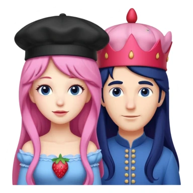 pale blueberry prince man. Handsome with long black hair blueberry hat and clothes next to pale strawberry princess woman with strawberry hat eyelashes long pink hair and strawberry dress sticker