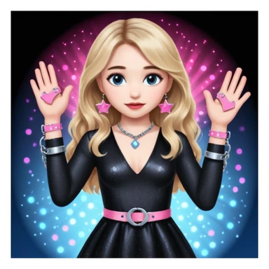 Sabrina carpenter at concert wearing a black sparkly dress with a silver sparkle v neck. she is holding up pink handcuffs. facing audience, blue and red lights setting  sticker