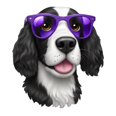 Black and white springer spaniel with a sly smile and looking over the top of its purple sunglasses  sticker